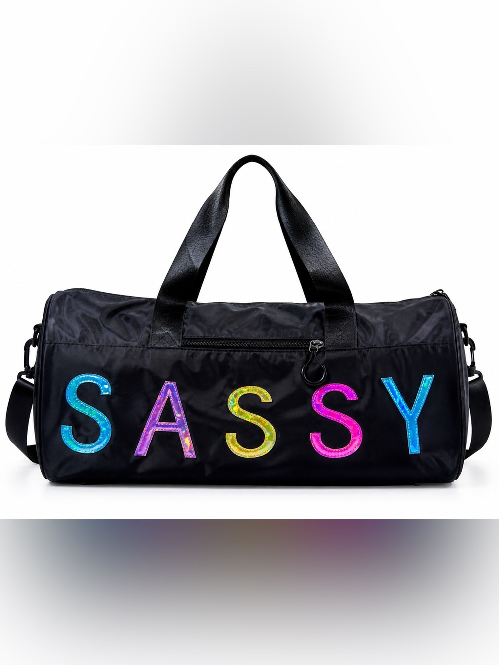 Sassy Jones Black Duffle Bag Holographic Logo Gym Travel Weekender Tote